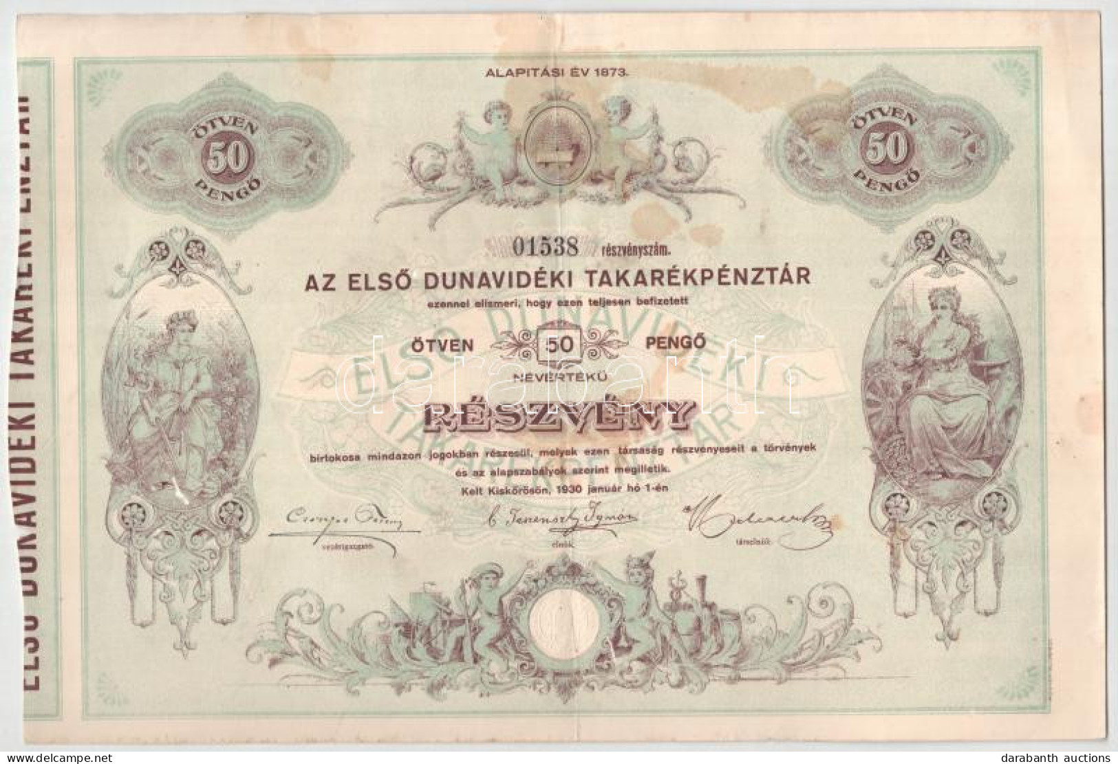 Kiskőrös 1930. "Az Első Dunavidéki Takarékpénztár" Részvénye 50P-ről Szelvényekkel, Szárazpecséttel T:F Ly., Fo. - Unclassified