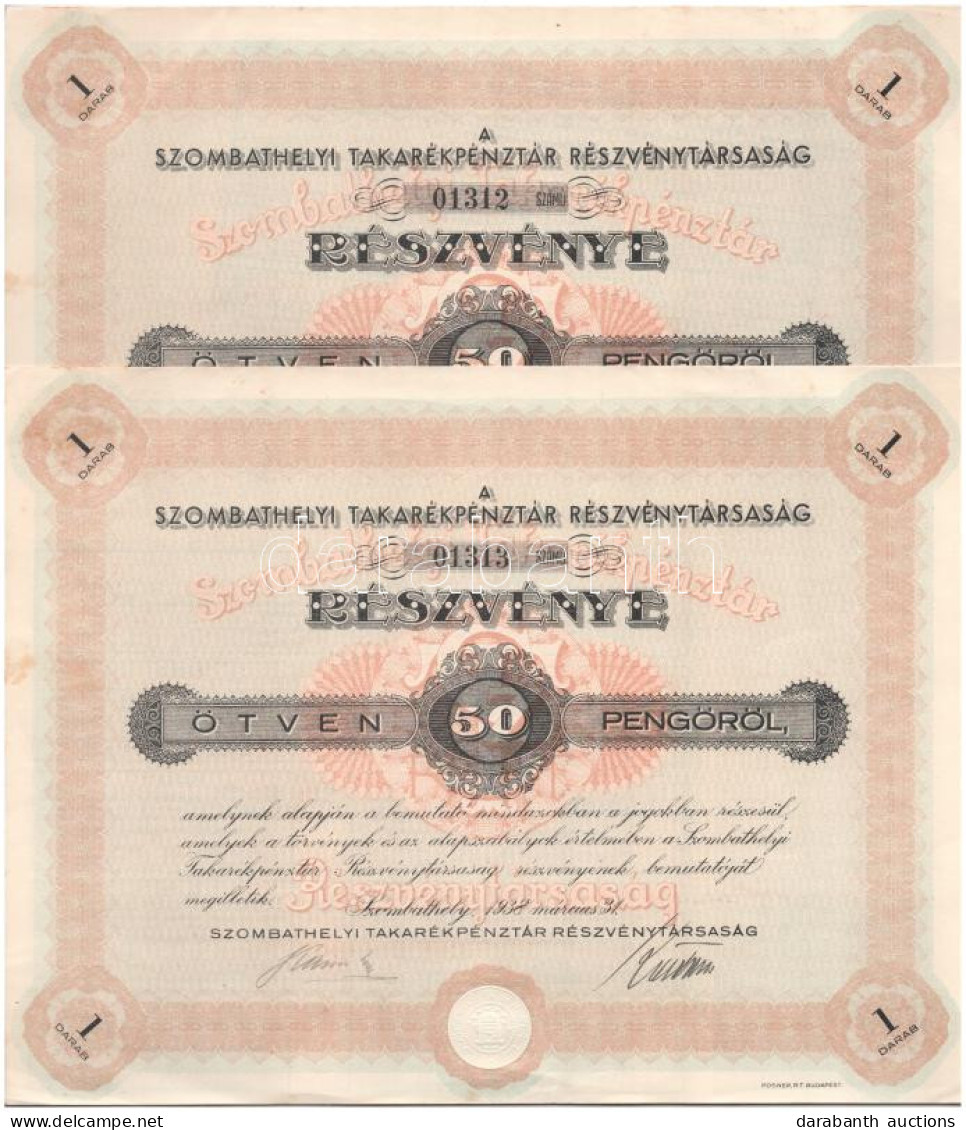 Szombathely 1938. "Szombathelyi Takarékpénztár Részvénytársaság" Részvénye 50P-ről, Szelvényekkel, Szárazpecséttel (2x)  - Unclassified