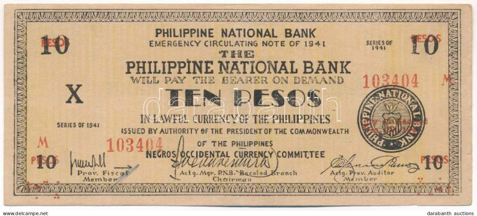 Fülöp-szigetek / Iloilo 1941. 10P T:F Philippines / Iloilo 1941. 10 Pesos C:F Krause P#S309a - Ohne Zuordnung