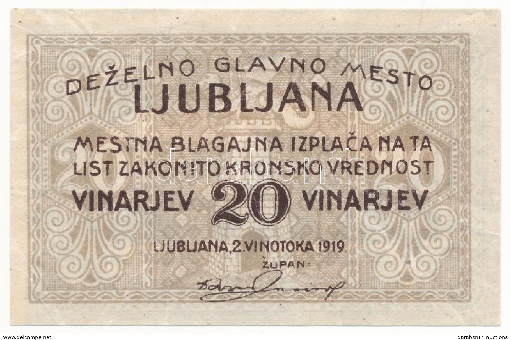 Jugoszlávia / Ljubljana 1919. 20v Szükségpénz T:F  Yugoslavia / Ljubljana 1919. 20 Vinarjev Necessity Note C:F - Sin Clasificación