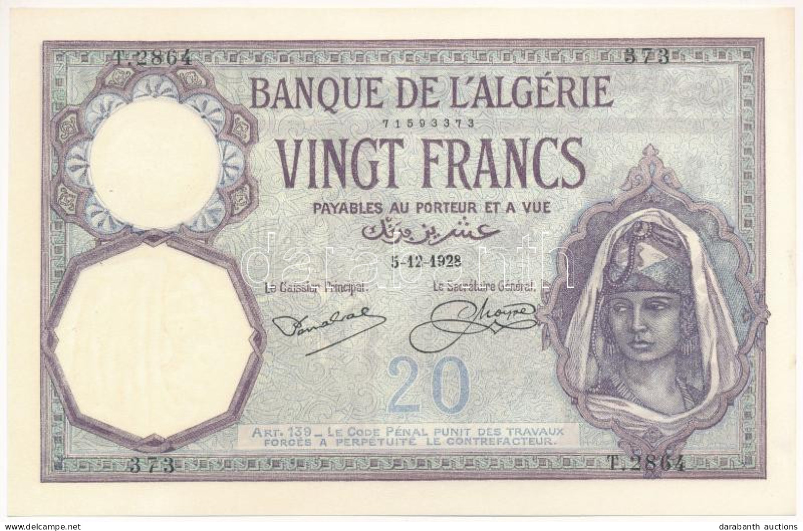 Algéria 1928. December 5. 20Fr "T.2864 373" T:AU Tűnyomok Algeria 1928. 20 Francs "T.2864 373" 5th December C:AU Pinhole - Unclassified