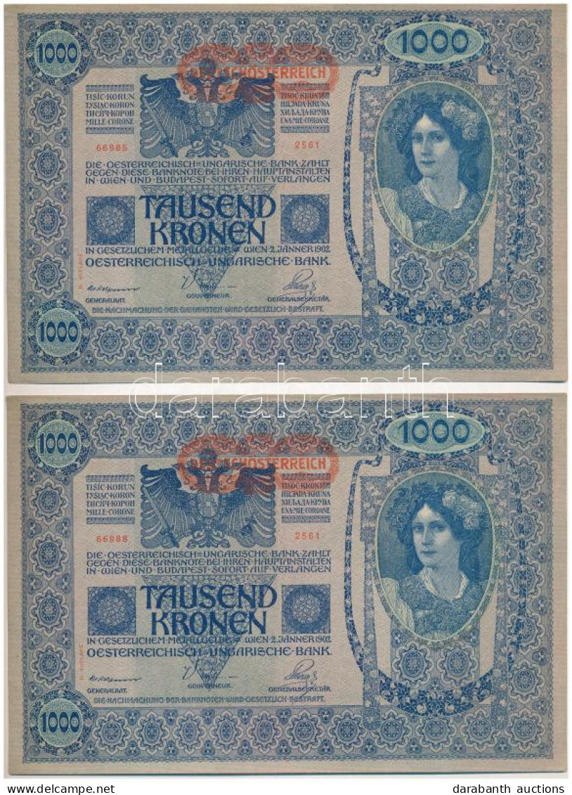 Ausztria 1919. (1902) 1000K (2x) 2. Kiadás, Közeli Sorszámok: "2561 66985" és "2561 66988" Vízszintes "DEUTSCHÖSTERREICH - Ohne Zuordnung