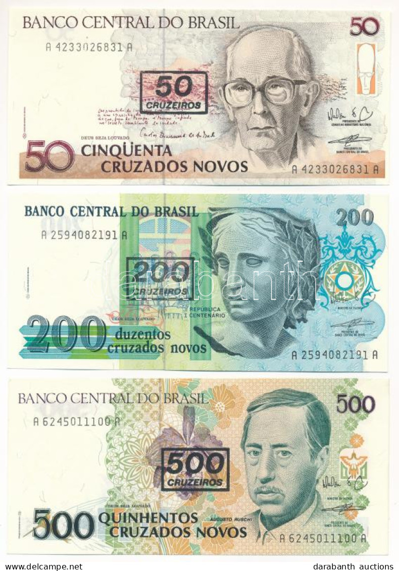 Brazília 1990. 50C + 200C + 500C, Mindegyik Felülbélyegzéssel T:UNC,AU Brazil 1990. 50 Cruzeiros + 200 Cruzeiros + 500 C - Unclassified