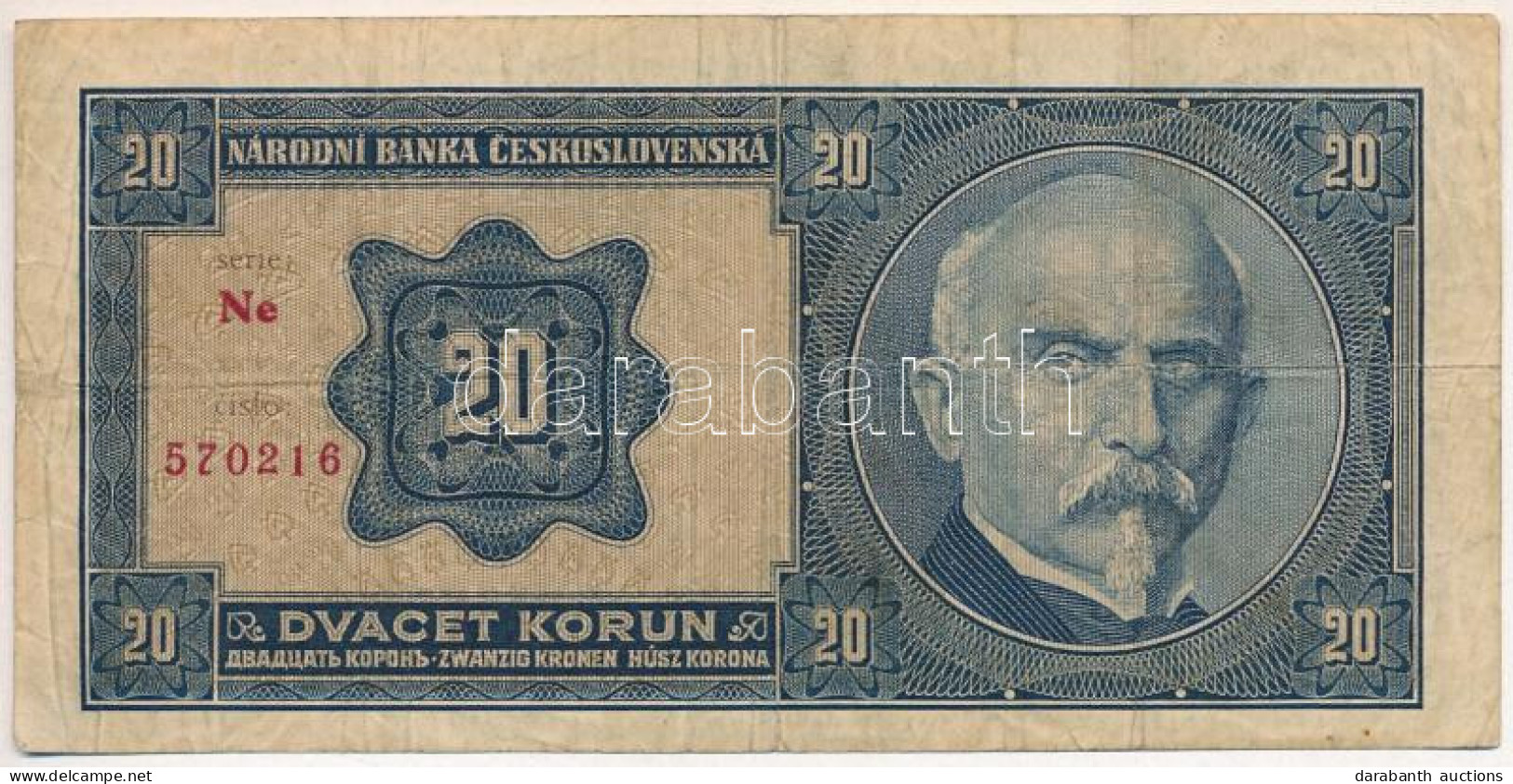 Csehszlovákia 1926. 20K "Ne 570216" T:F,VG  Czechoslovakia 1926. 20 Korun "Ne 570216" C:F,VG  Krause P#21 - Unclassified