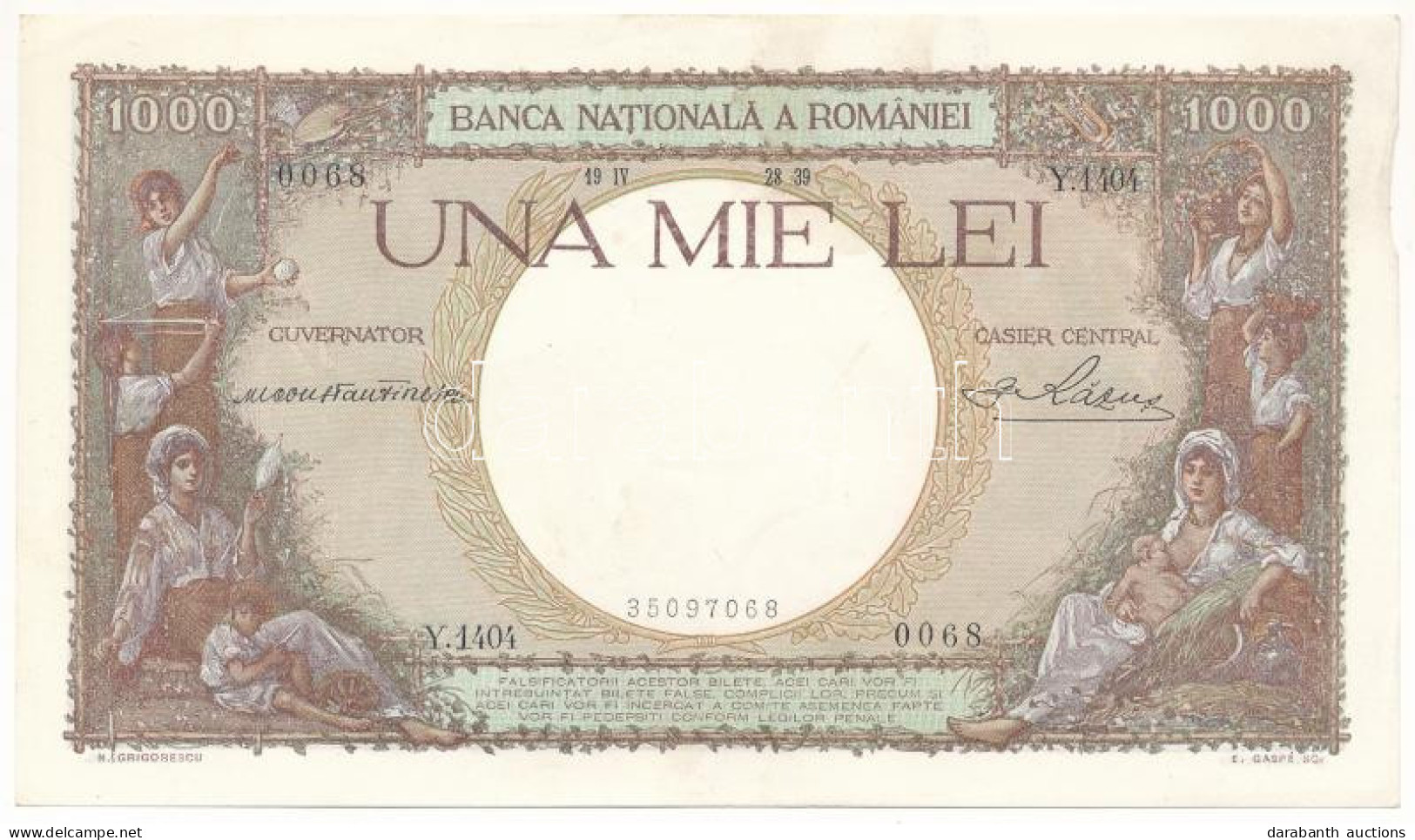 Románia 1939. 1000L T:AU,XF (hajtatlan)  Romania 1939. 1000 Lei C:AU,XF (unfolded) - Unclassified