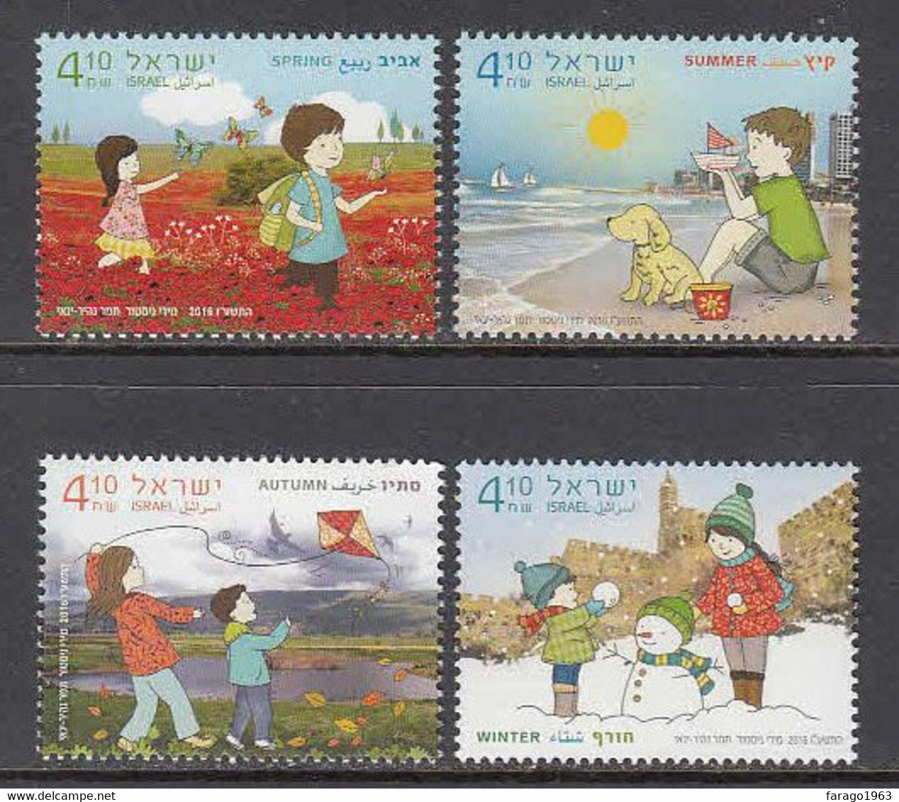 2016 Israel Seasons Butterflies Kites Snowman  Complete Set Of 4 MNH @ BELOW FACE VALUE - Unused Stamps (without Tabs)