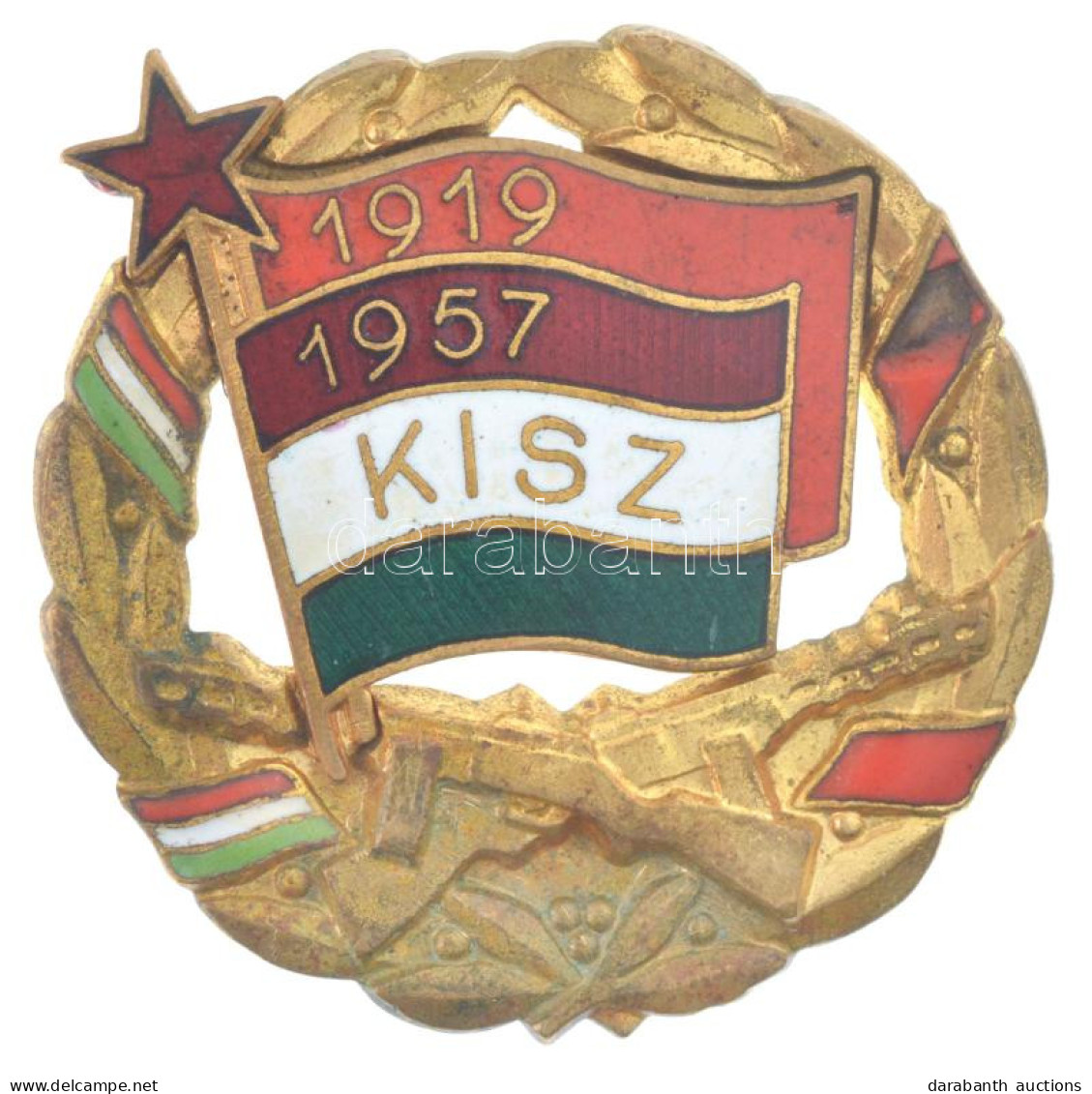 ~1970. "KISZ 1919-1957" Aranykoszorús Jelvény, HM Típus, Aranyozott, Zománcozott (45mm) T:2 Zománchiba, Kopott Aranyozás - Ohne Zuordnung