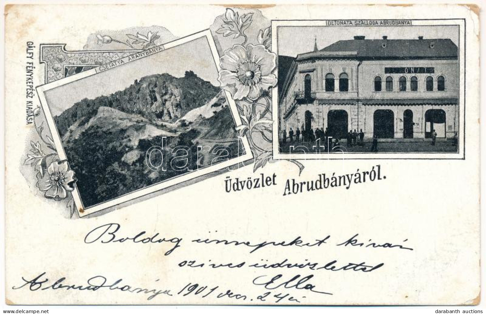 T3 1901 Abrudbánya, Abrud; Csetatya Aranybánya, Detonata Szálloda. Gálfy Fényképész Kiadása / Gold Mine, Hotel. Art Nouv - Sin Clasificación