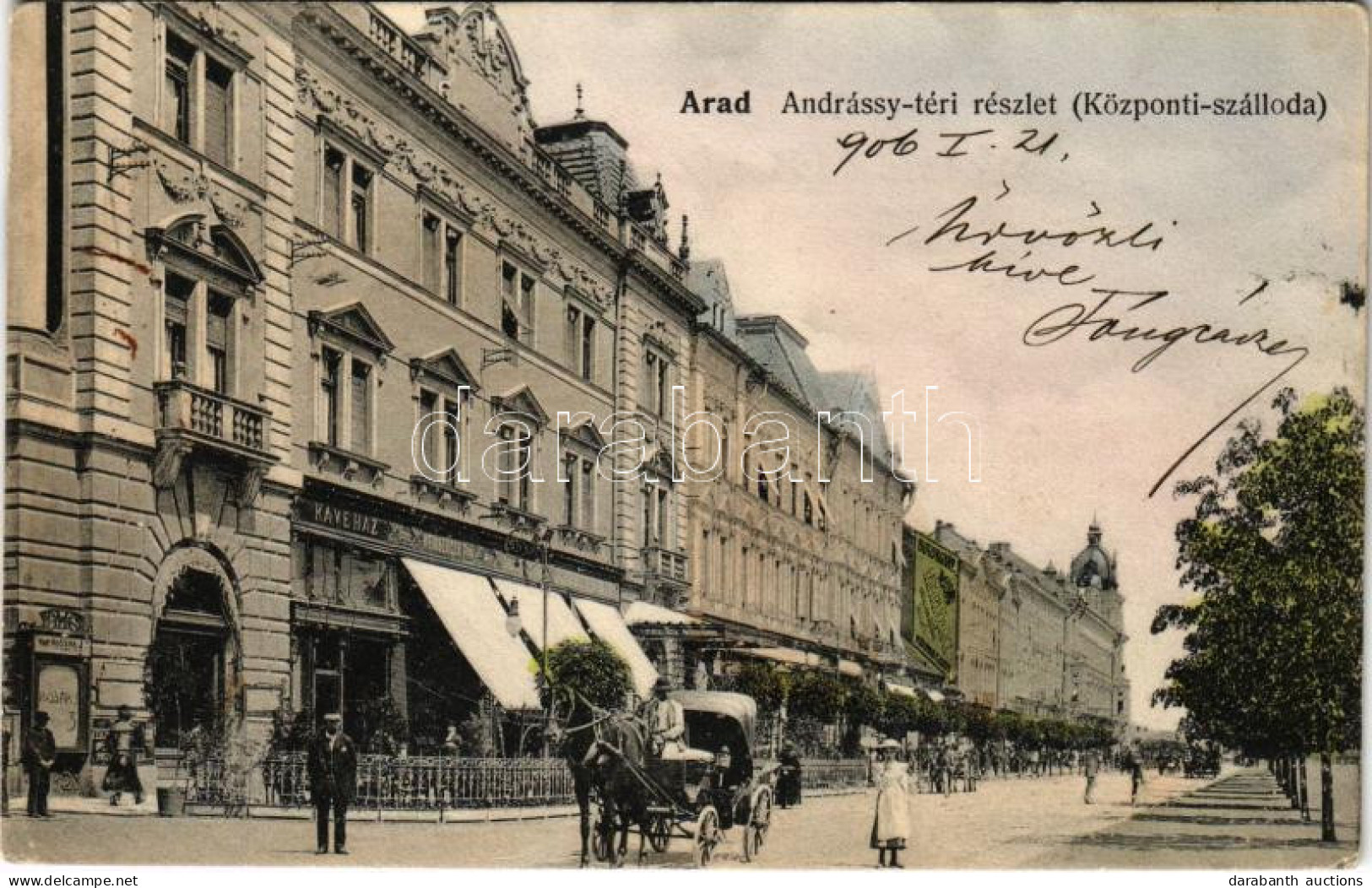 T3 1906 Arad, Andrássy Tér, Központi Szálloda és Kávéház, Lengyel Lőrinc Bútorgyára. Kerpel Izsó Kiadása / Square, Hotel - Unclassified