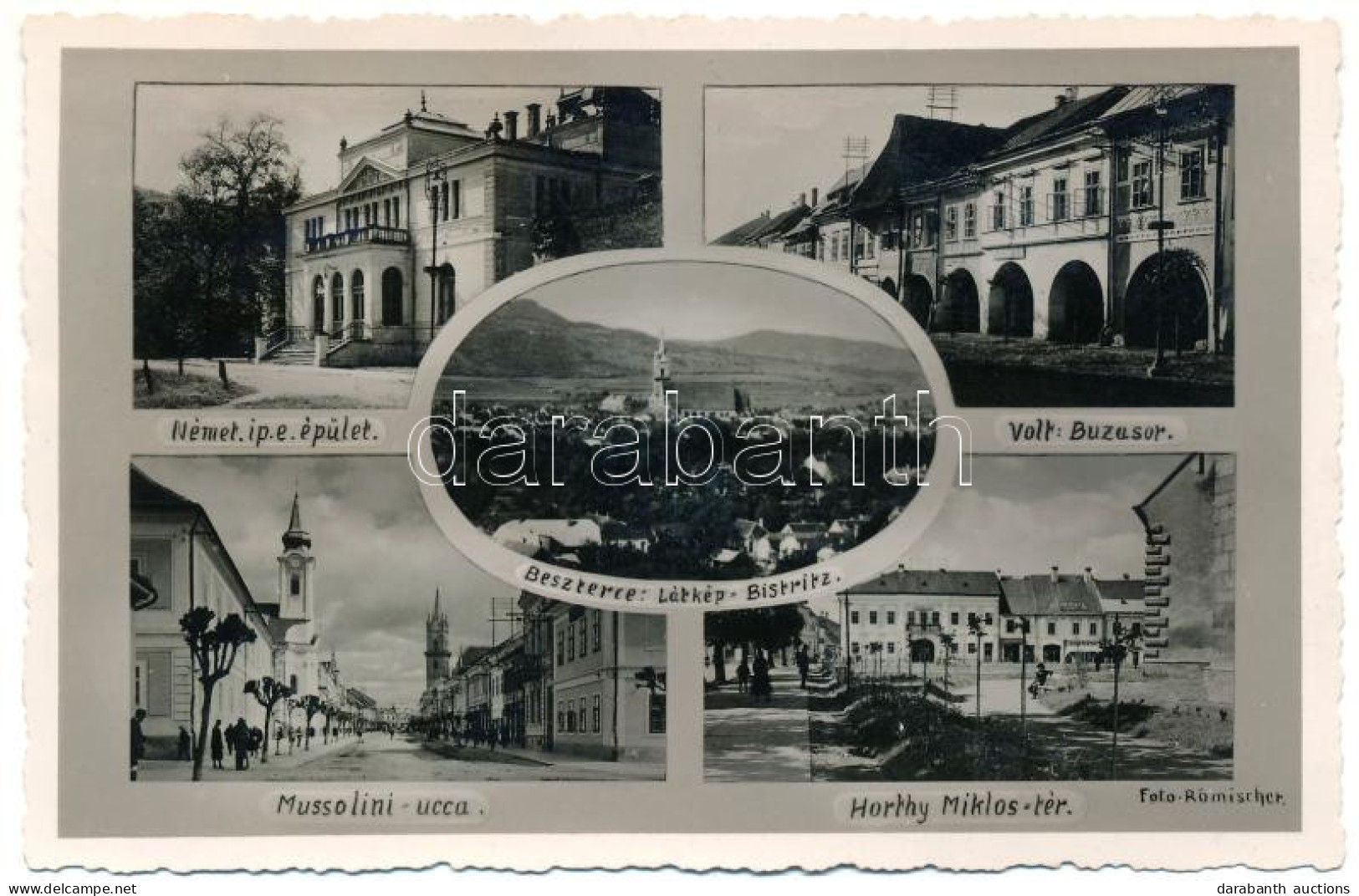 T2/T3 1943 Beszterce, Bistritz, Bistrita; Mussolini Utca, Német Ip. E. épület, Volt: Búzasor, Horthy Miklós Tér / Street - Unclassified