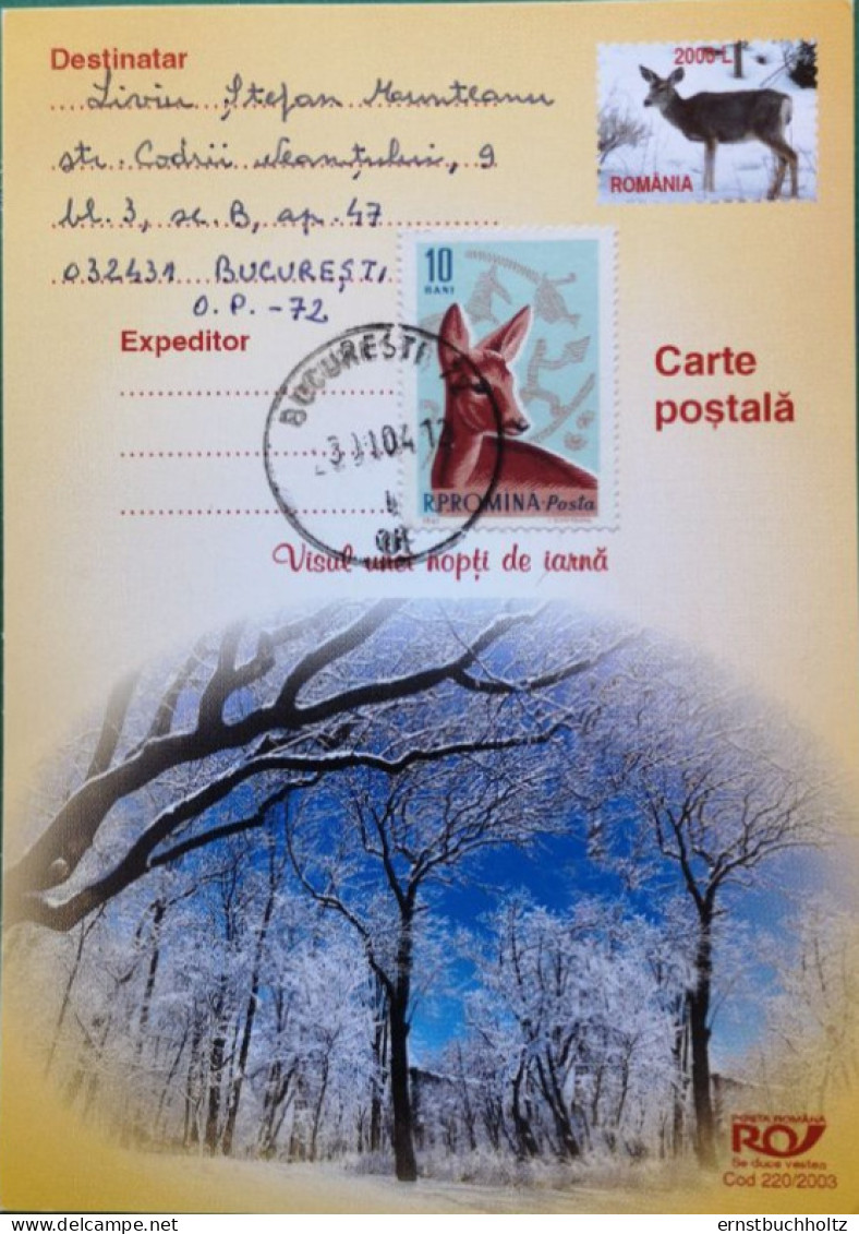 Rumänien Postkarte 2003 Winterwald Reh Mit Zusatzfrankatur - Briefe U. Dokumente