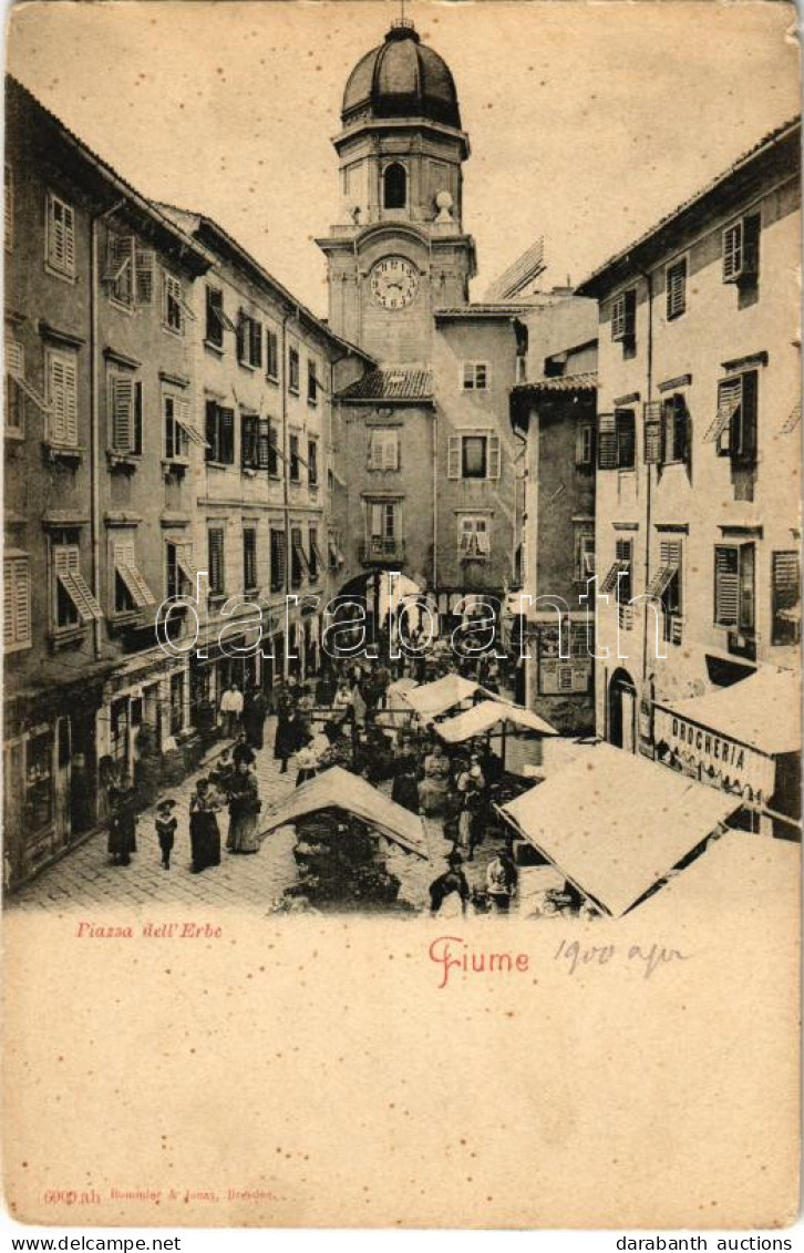 * T2/T3 1900 Fiume, Rijeka; Piazza Dell'Erbe / Square, Market, Shops, Pharmacy, Drugstore (kis Szakadás / Small Tear - Sin Clasificación