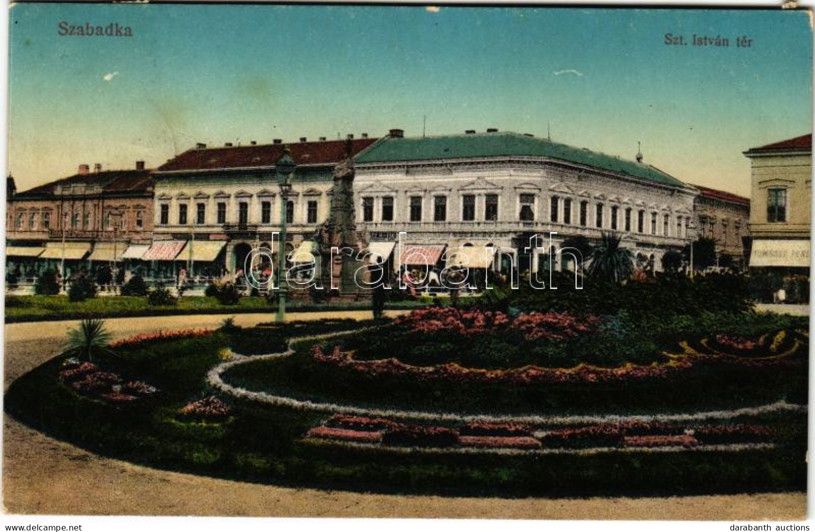 T2/T3 1916 Szabadka, Subotica; Szent István Tér, üzletek. Vasúti Levelezőlapárusítás 112. Sz. 1915. / Square, Shops (fl) - Unclassified