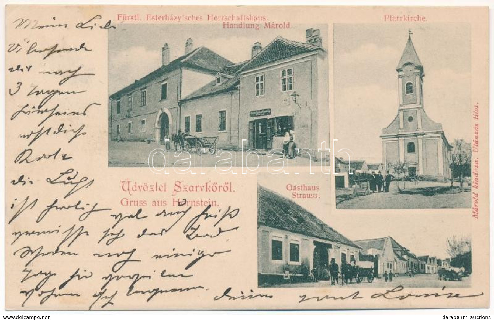 T2/T3 1905 Szarvkő, Hornstein; Fürstl. Esterházy'sches Herrschaftshaus, Handlung Márold, Pfarrkirche, Gasthaus Strauss / - Non Classés