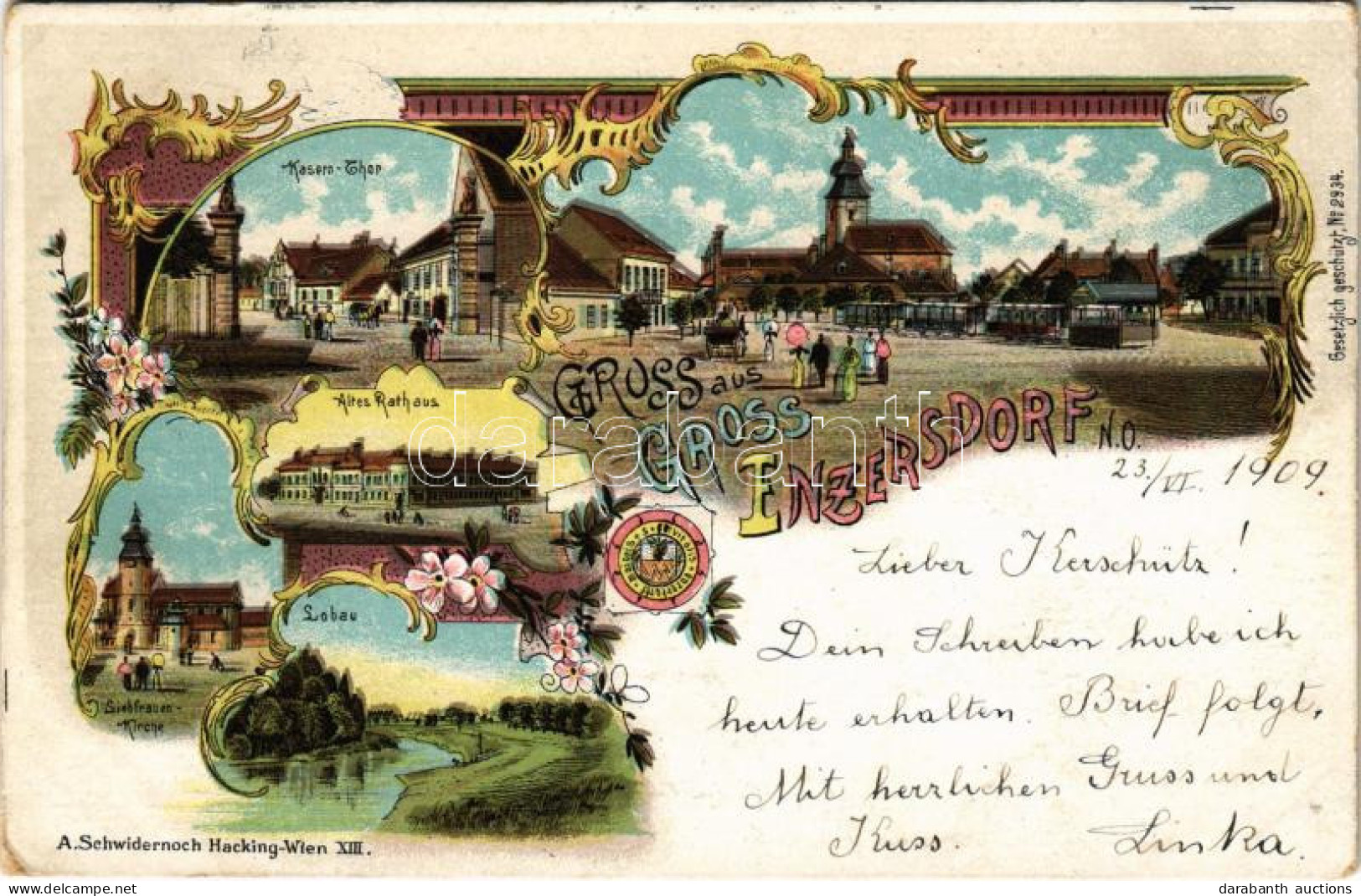 T2/T3 1909 Gross-Enzersdorf, Groß-Enzersdorf; Kasern-Tor, Altes Rathaus, Siebfrauen-Kirche, Lobau. A. Schwidernoch Art N - Sin Clasificación