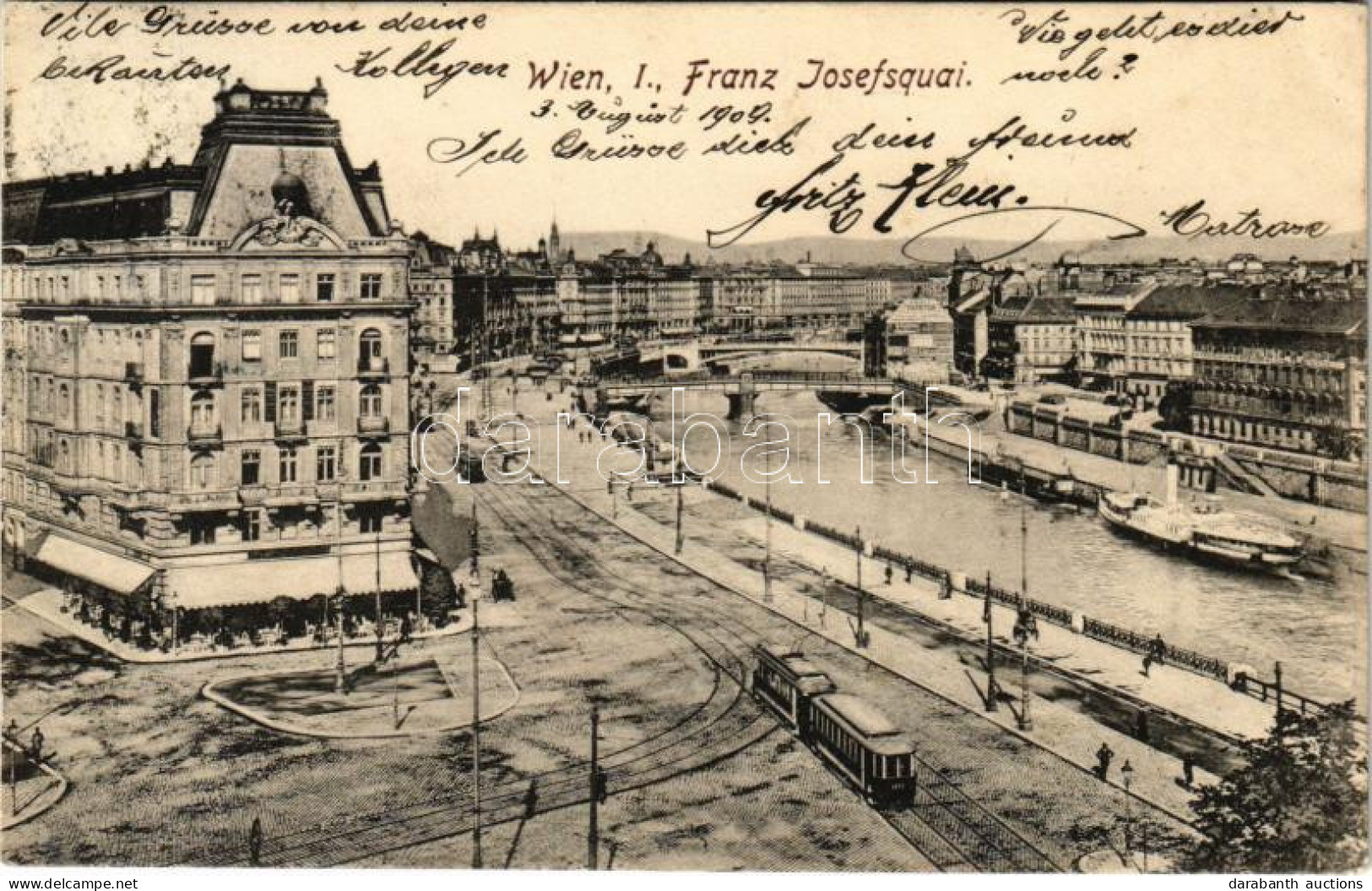 T2/T3 1909 Wien, Vienna, Bécs; Franz Josefsquai / Ferenc József Rakpart, Villamos / Tram, Quay (EK) - Ohne Zuordnung