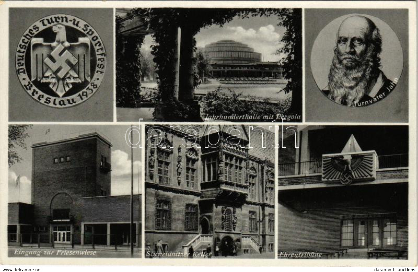 T2 Wroclaw, Breslau; Deutsches Turn- U. Sportfest 1938. Jahrhunderthalle Mit Pergola, Turnvater Jahn, Eingang Zur Friese - Unclassified