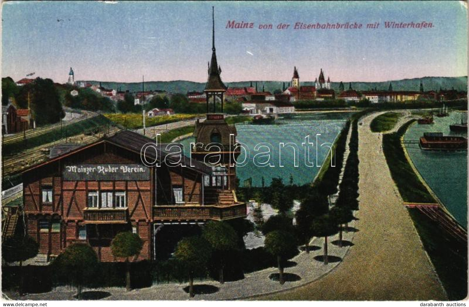 * T2/T3 1919 Mainz, Von Der Eisenbahbrücke Mit Winterhafen, Mainzer Ruder Verein / Street View, Winter Port, Rowing Club - Non Classés