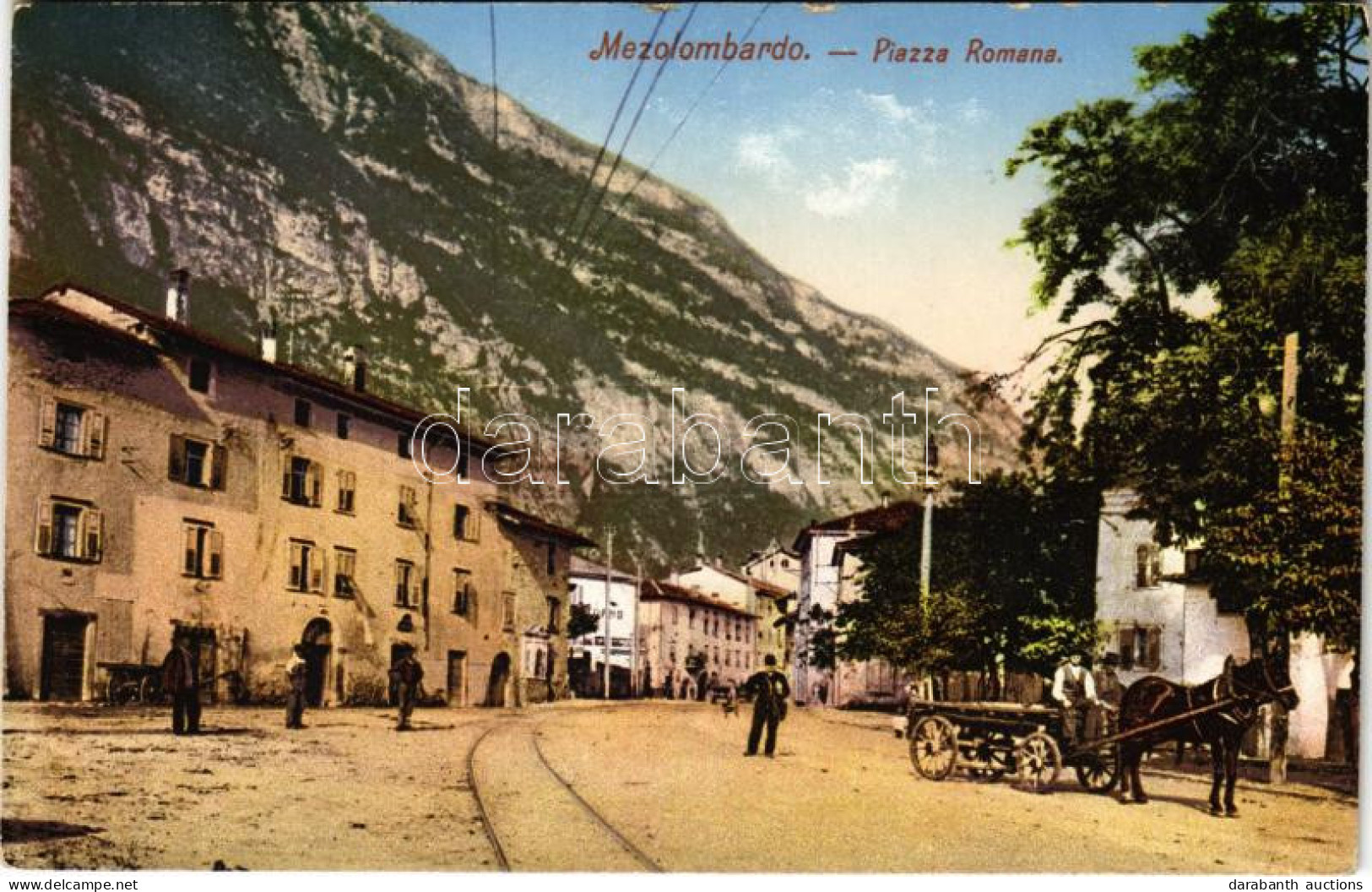 ** T2/T3 Mezzolombardo (Südtirol), Piazza Romana / Római Tér, Lovaskocsi / Square, Horse-drawn Carriage (surface Damage) - Ohne Zuordnung