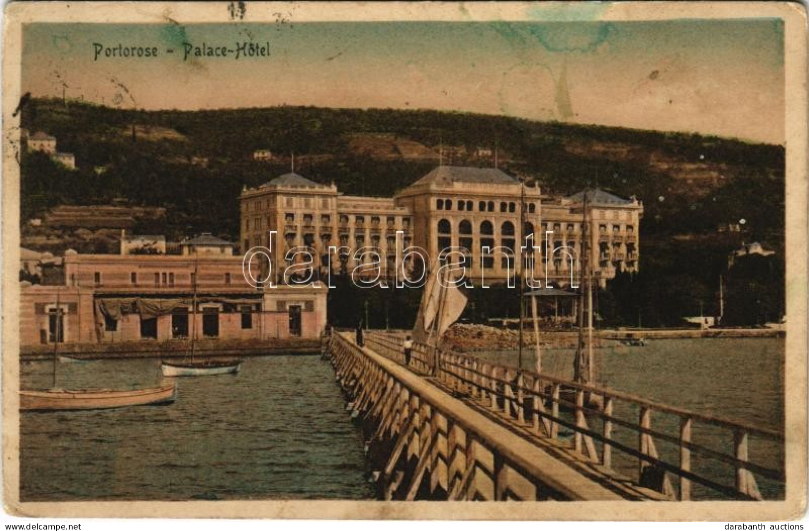 T2/T3 1912 Portoroz, Portorose (Piran, Pirano); Palace Hotel / Hotel, Boats, Shore (fl) - Ohne Zuordnung