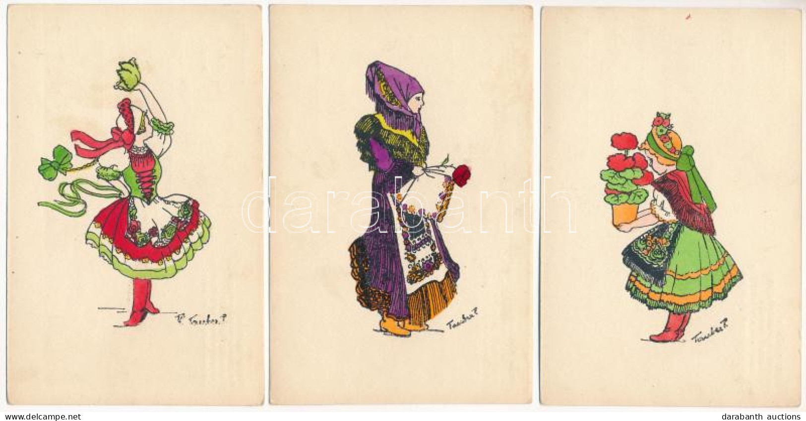 ** 3 Db RÉGI Magyar Népviseletes Folklór Művészlap, Tauber Szignóval / 3 Pre-1945 Hungarian Folklore Art Postcards, Sign - Non Classificati