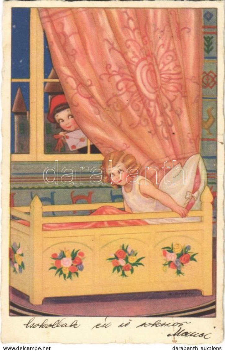 T2/T3 1929 Children Art Postcard, Girl In Bed. Artist Signed (EK) - Non Classés