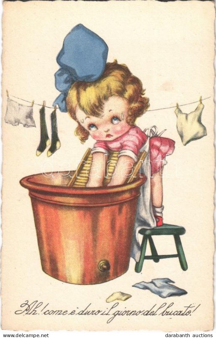 ** T2 Ah! Come E Duro Il Giorno Del Bucato! / Italian Children Art Postcard. 1925-1. - Sin Clasificación