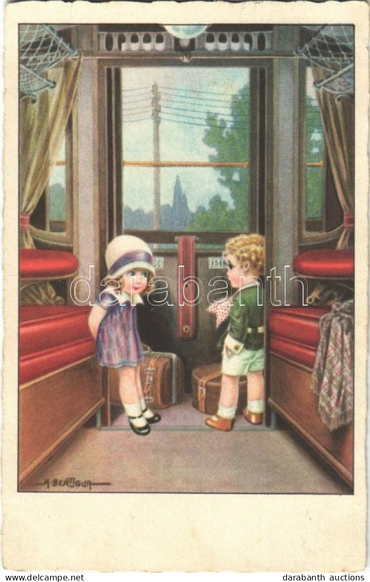 T2/T3 1930 Children On A Train, Romantic Couple. Italian Art Postcard. 2614. S: A. Bertiglia (EK) - Sin Clasificación