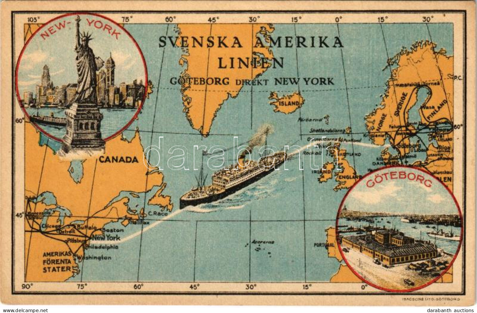 ** T2/T3 Svenska Amerika Linien Göteborg Direkt New York / Swedish American Lines From Gothenburg To New York. Litho (EK - Unclassified