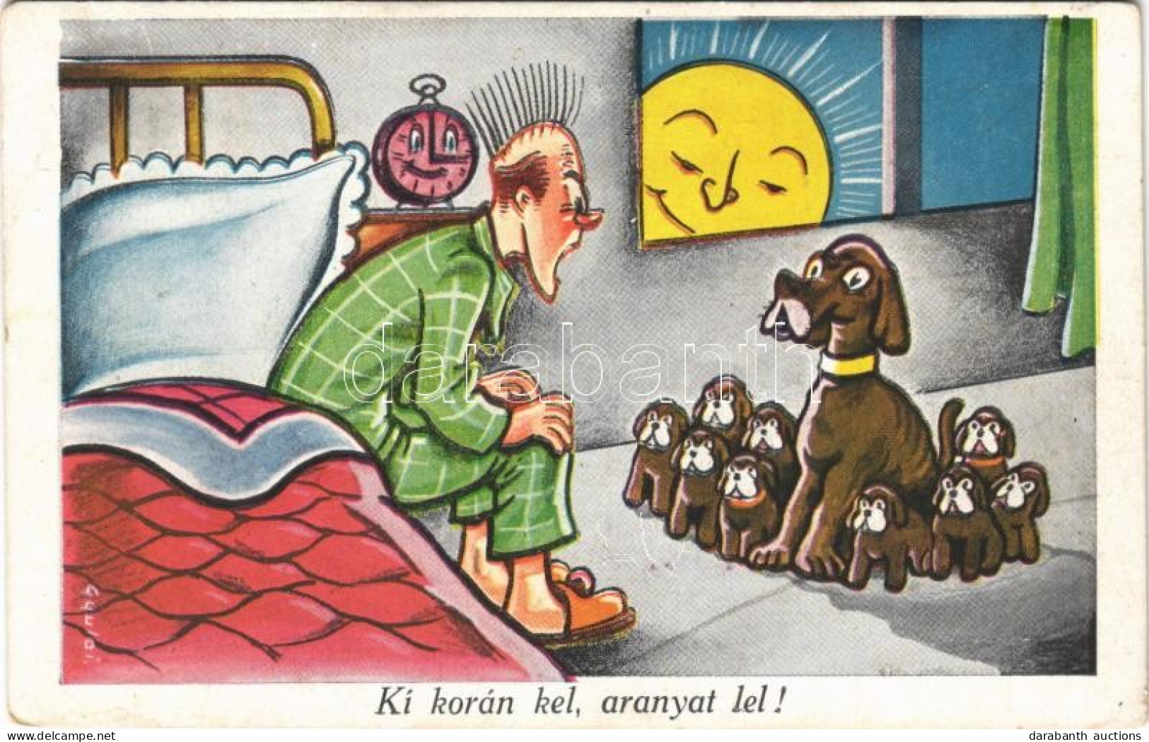 T2/T3 1942 Ki Korán Kel, Aranyat Lel! / Humor Art Postcard, Man With Dogs S: Gyulai (EK) - Ohne Zuordnung