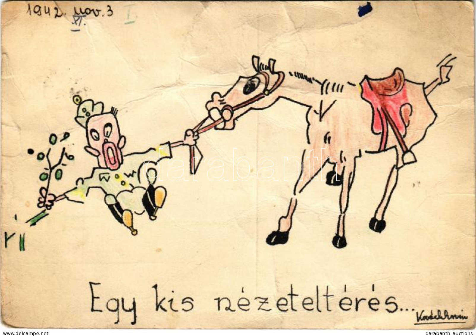 T3/T4 1942 Egy Kis Nézeteltérés... Kézzel Rajzolt Katonai Humor Képeslap / Hungarian Hand-drawn Military Humour Art Post - Sin Clasificación