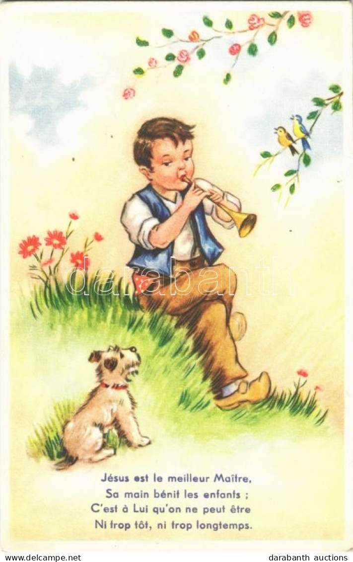 ** T1 'Jésus Est Le Meilleur Maitre, Sa Main Bénit Les Enfants' / Boy With Dog And Trumpet, Litho - Non Classés