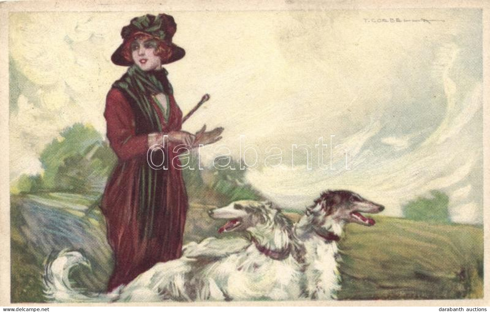 T2/T3 'Anna & Gasparini' Italian Art Postcard, Lady With Dogs S: T. Corbella - Unclassified