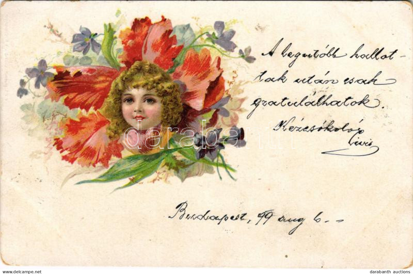 T2/T3 1899 Children Art Postcard, Girl With Flowers. Litho (fl) - Ohne Zuordnung