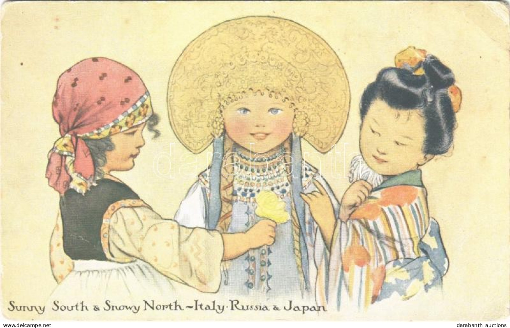 * T3 Sunny South & Snowy North - Italy, Russia & Japan. "Dear Little Allies" Propaganda Art Postcard (EB) - Unclassified