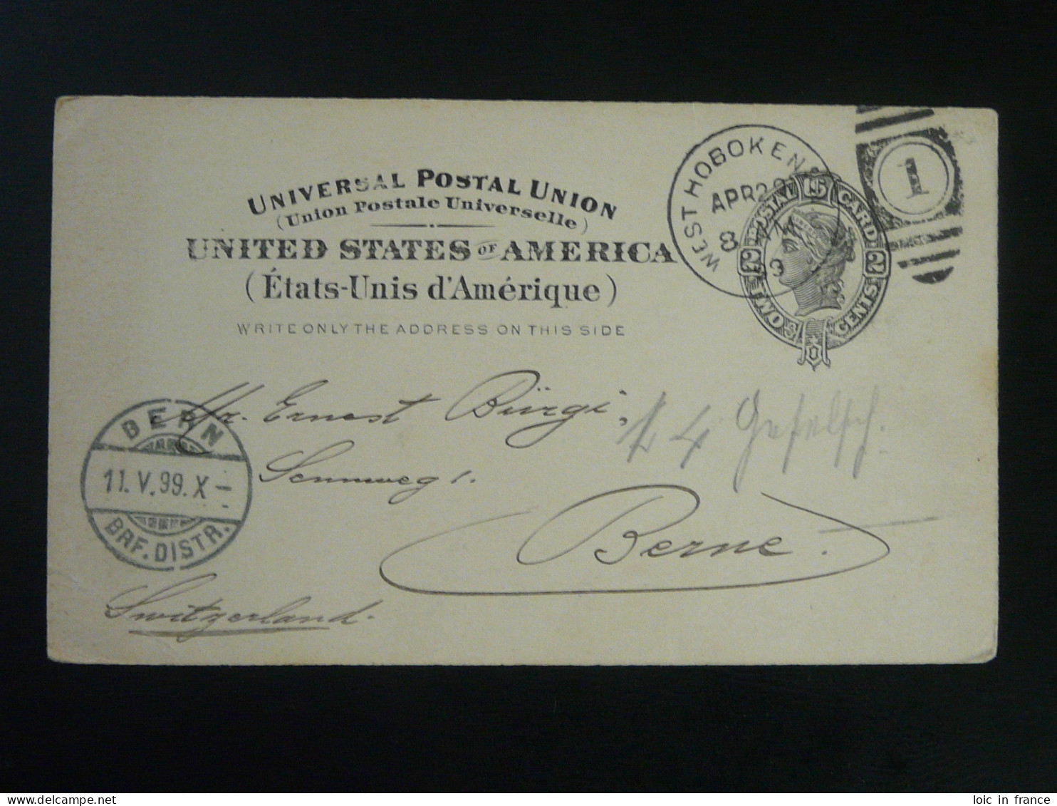 Entier Postal Stationery Card West Hoboken --> Bern 1899 - ...-1900