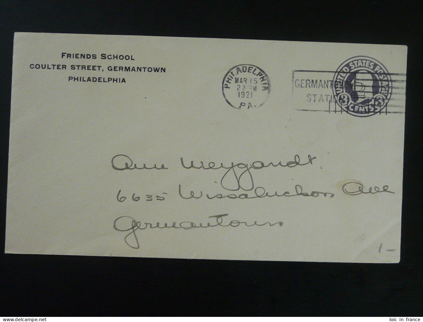 Entier Postal Stationery Germantown Friends School Philadelphia USA 1921 (ex 1) - 1921-40