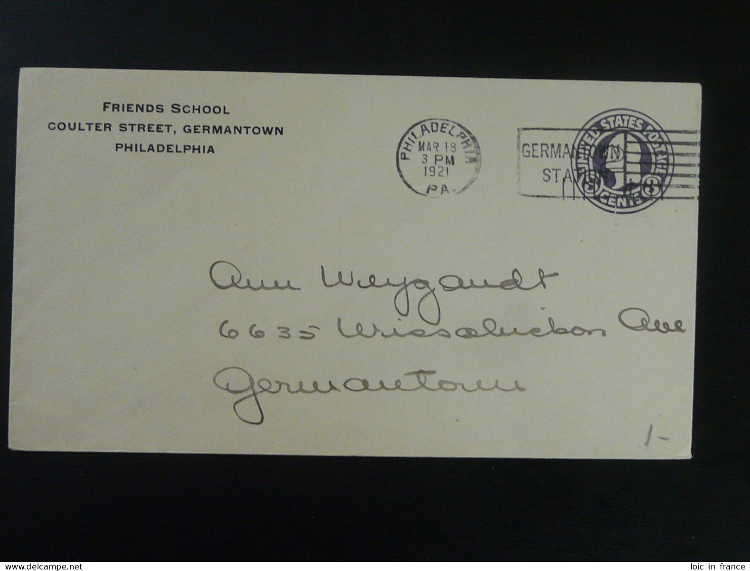 Entier Postal Stationery Germantown Friends School Philadelphia USA 1921 (ex 2) - 1921-40
