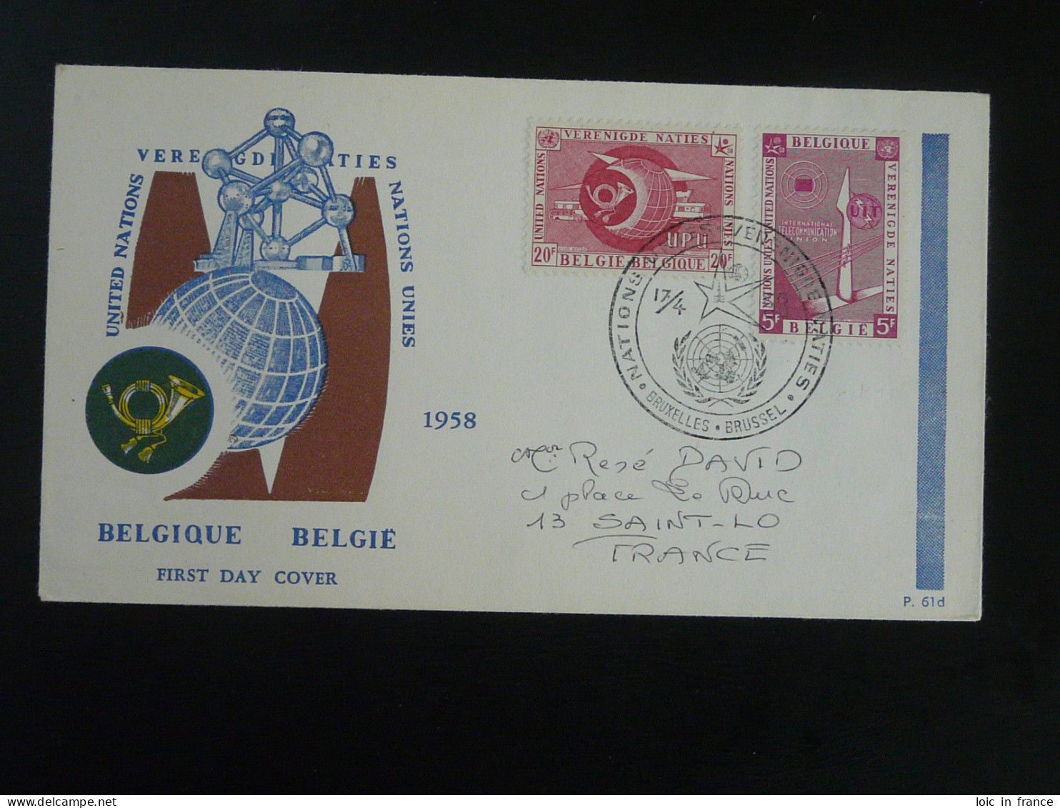 FDC Nations Unies United Nations Belgique 1958 - 1951-1960