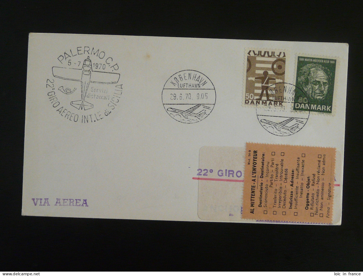 Lettre Cover Giro Aereo De Sicilia Vol Flight Copenhagen Palermo 1970 - Lettres & Documents