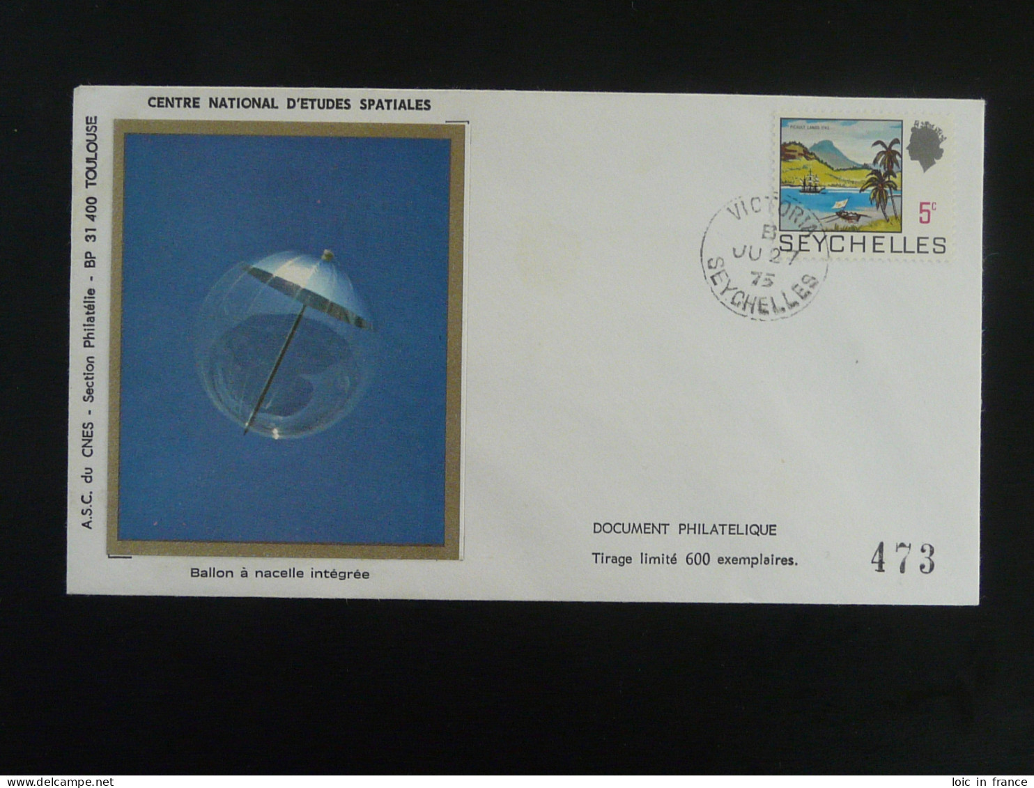 Lettre Cover Espace Space CNES Ballon à Nacelle Intégrée Seychelles 1975 - Africa