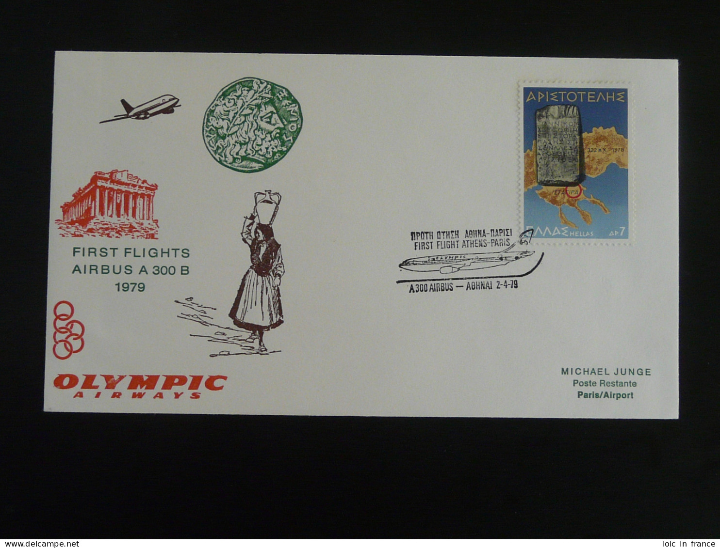 Lettre Premier Vol First Flight Cover Athens Paris Airbus A300 Olympic Airways 1979 - Covers & Documents