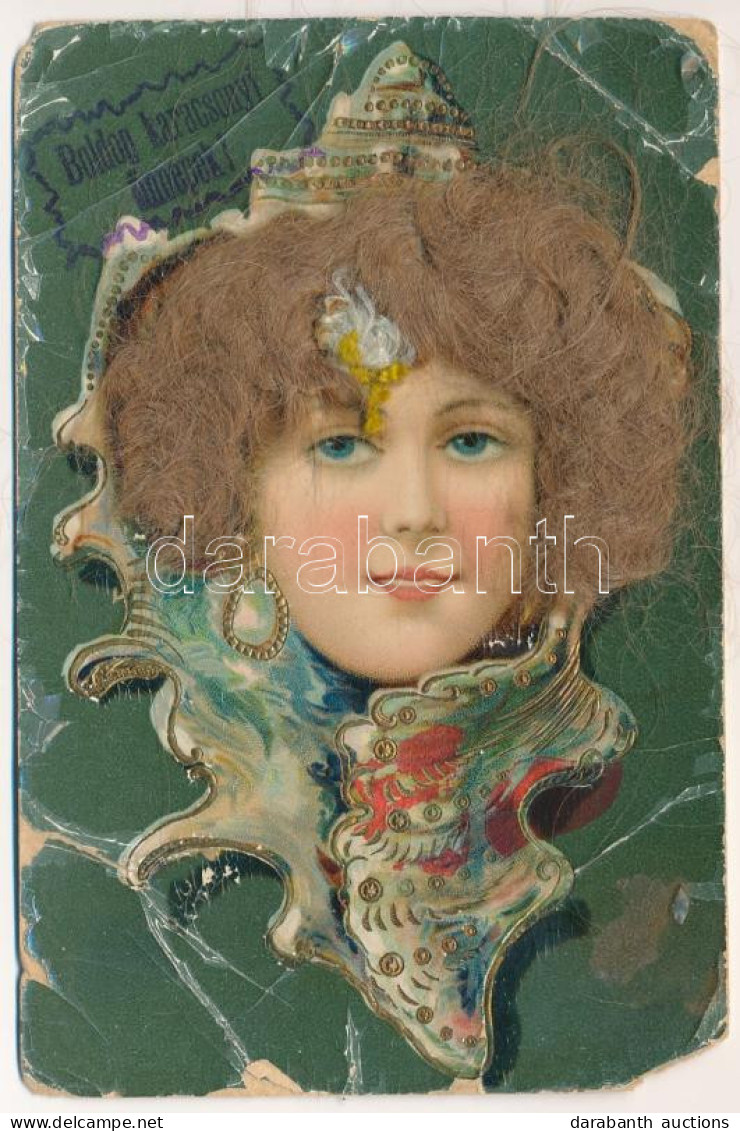 T4 Boldog Karácsonyi ünnepek! Hölgy Igazi Hajas Rátéttel / Christmas Greeting Art Postcard, Lady With Real Hair. Litho ( - Ohne Zuordnung