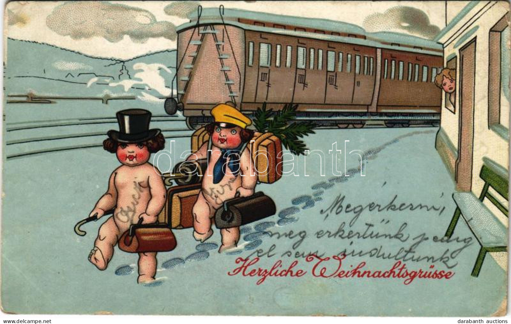 T2/T3 1922 Herzliche Weihnachtsgrüsse / Christmas Greeting Art Postcard, Railway Station With Train (EK) - Ohne Zuordnung