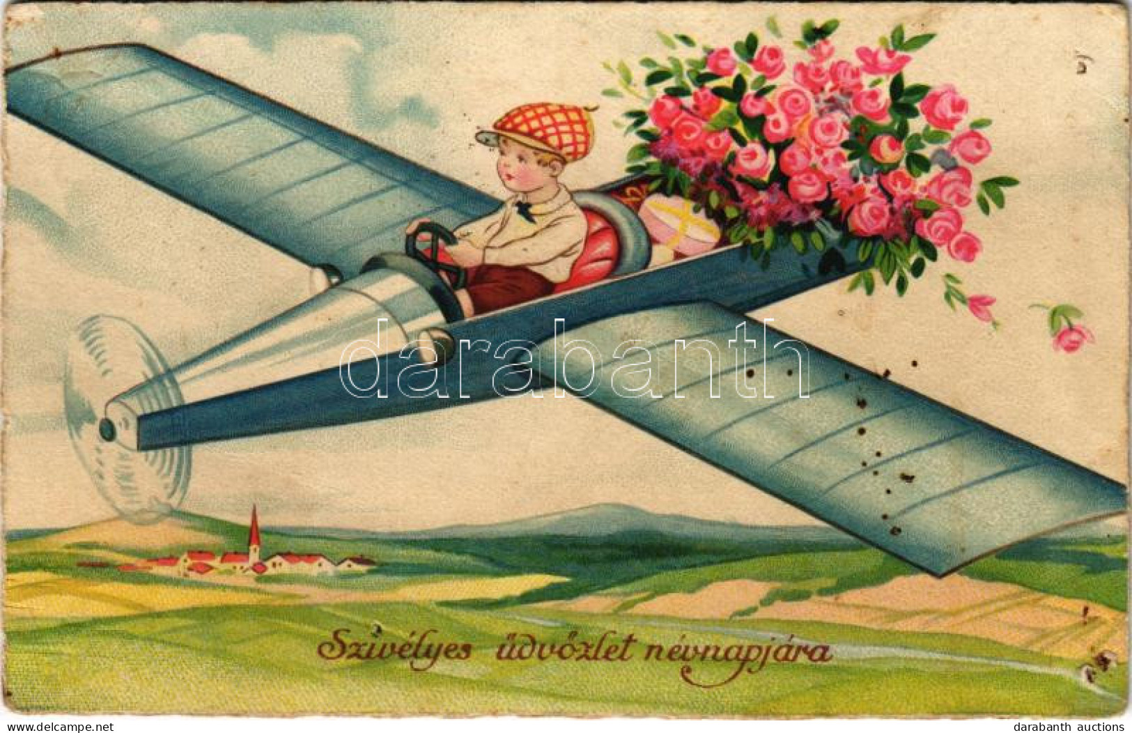 T4 Szívélyes üdvözlet Névnapjára / Name Day Greeting Card With Pilot, Airplane And Flowers (lyukak / Pinholes) - Sin Clasificación