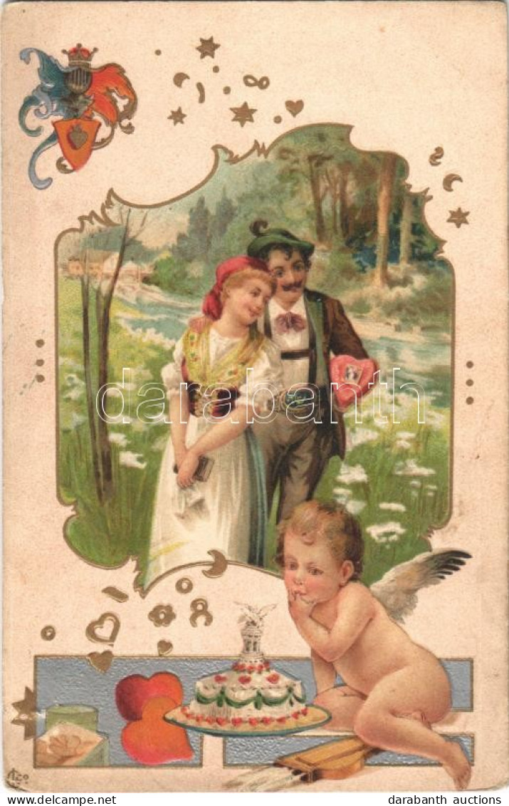 ** T3 Greeting Card With Romantic Couple, Cupid With Cake. Emb. Litho (szakadás / Tear) - Non Classificati