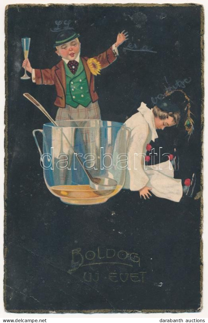 T3 Boldog Újévet! / New Year Greeting Art Postcard, Drunk Clown, Man With Champagne. HWB. Ser. 12885. (ázott Sarok / Wet - Sin Clasificación