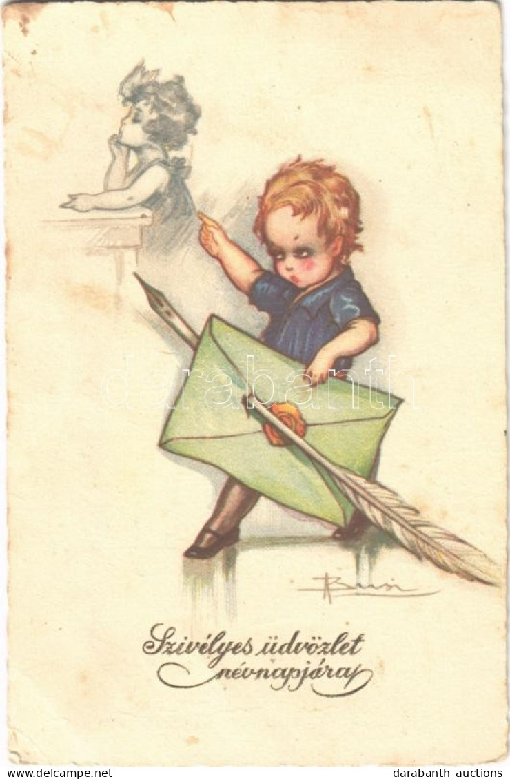 T3 1929 Szívélyes üdvözlet Névnapjára / Name Day Greeting Art Postcard, Child With Letter. Degami S: Busi (EB) - Non Classificati