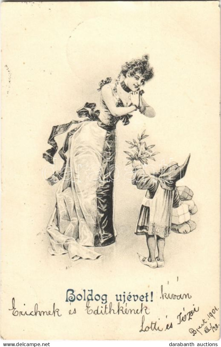 T4 1901 Boldog Újévet! / New Year Greeting Art Postcard, Lady With Dwarf (EM) - Unclassified