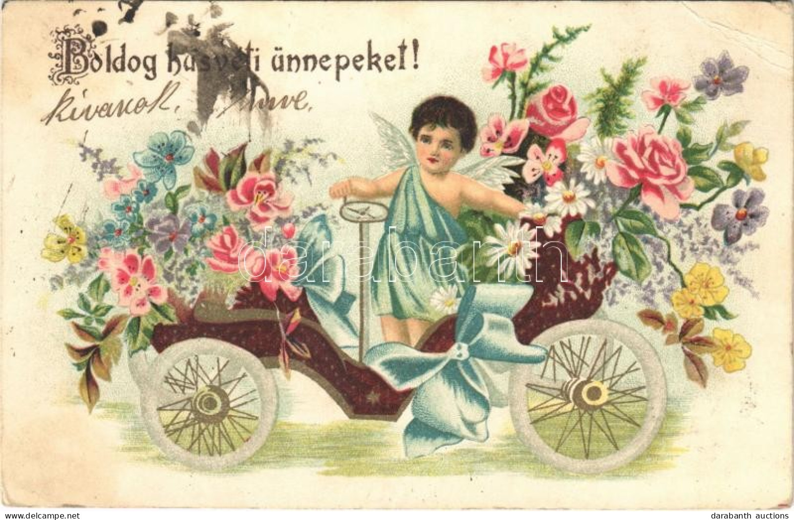 T3 1906 Boldog Húsvéti Ünnepeket! / Easter Greeting Art Postcard, Angel With Automobile. Floral, Litho (EB) - Non Classés